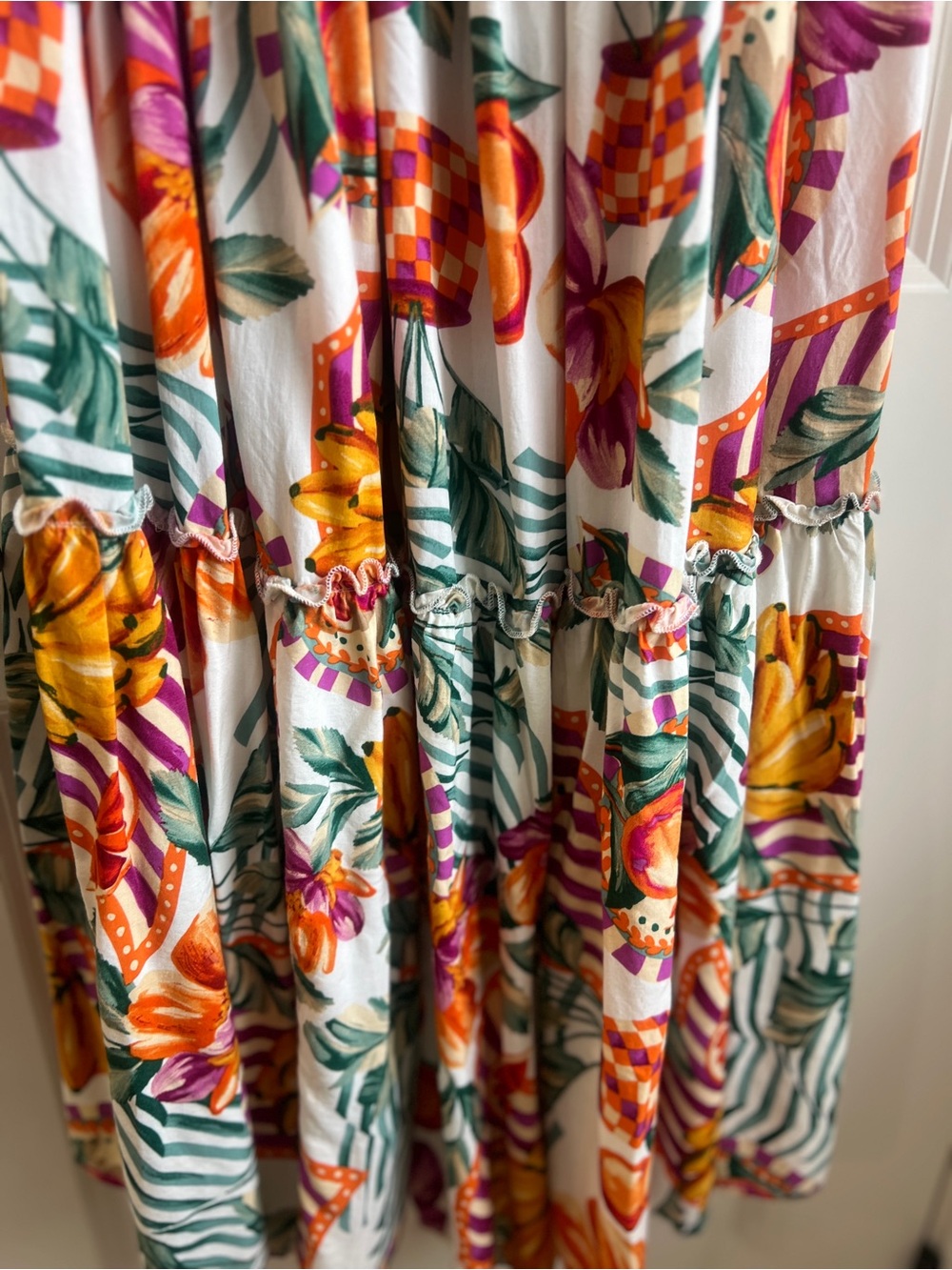 Smocked Floral Maxi Dress in White with Orange & Pink Print - Picture 3 of 4